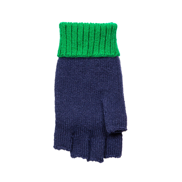 Women's Emerald Navy Two Tone Knitted Fingerless Gloves Mittens left