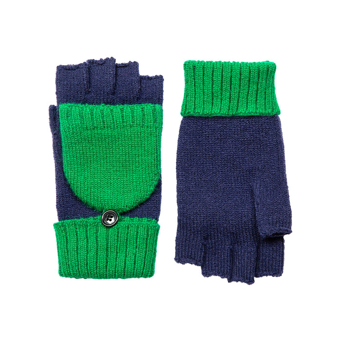 Women's Emerald Navy Two Tone Knitted Fingerless Gloves Mittens side