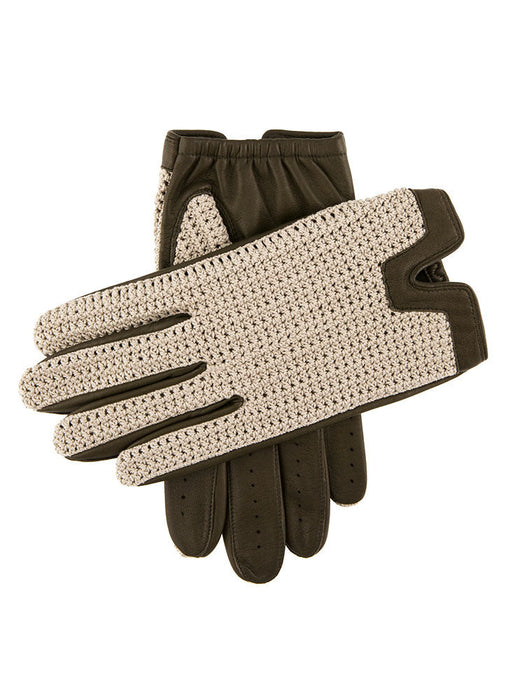 mens olive green crochet back leather palm gloves