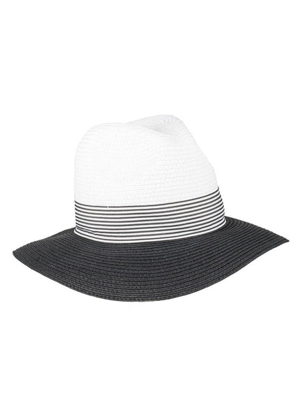Women’s Two-Tone Straw Fedora Hat with Striped Ribbon