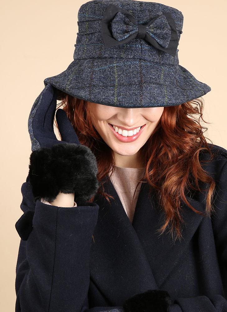 Women s Abraham Moon Tweed Check Bucket Hat with Bow Detail Dents