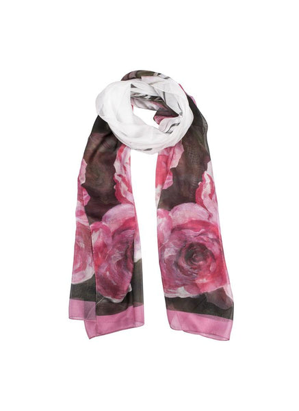 Women's Rose Print Lightweight Scarf with Border