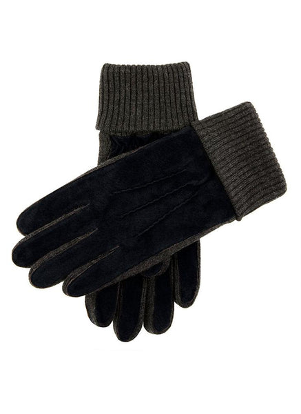 Men's Three-Point Fleece-Lined Suede Gloves with Knitted Cuffs