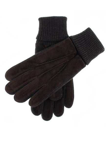 Men's Three-Point Fleece-Lined Suede Gloves with Knitted Cuffs