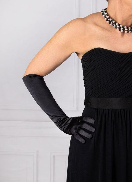 Woman wearing Women's Long Above-Elbow Satin Gloves in Black