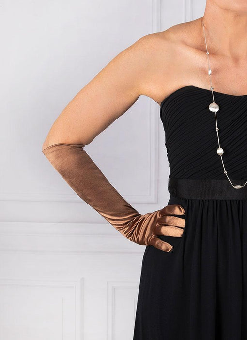 Woman wearing Women's Long Above-Elbow Satin Gloves in Bronze