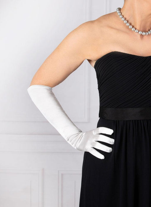 Woman wearing Women's Long Above-Elbow Satin Gloves in Ivory