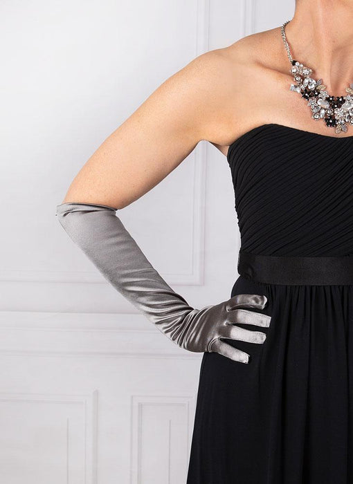Woman wearing Women's Long Above-Elbow Satin Gloves in Pewter