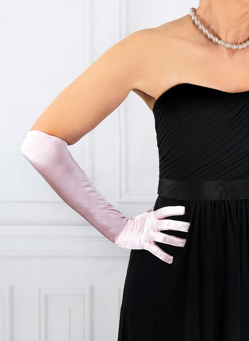 Woman wearing Women's Long Above-Elbow Satin Gloves in Pink