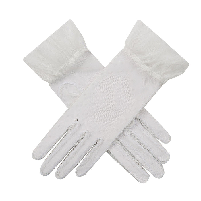 Women’s Tulle Gloves with Frilled Cuff in white