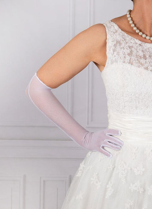 Woman wearing ladies long white tulle gloves
