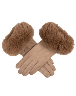 Women's Touchscreen Velour-Lined Faux Suede Gloves with Faux Fur Cuffs