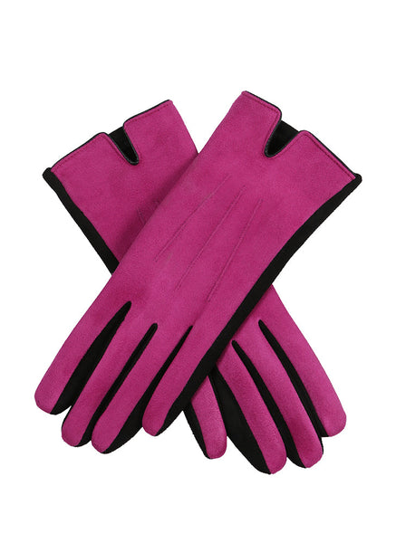 Women’s Touchscreen Three-Point Velour-Lined Faux Suede Gloves with Two-Tone Design