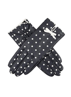 Women's Silk-Lined Leather Gloves with Polka Dot Design