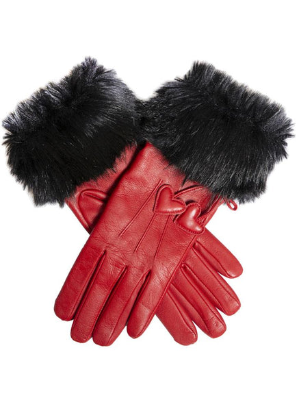 Women's Three-Point Wool-Lined Leather Gloves with Hearts and Faux Fur Cuffs