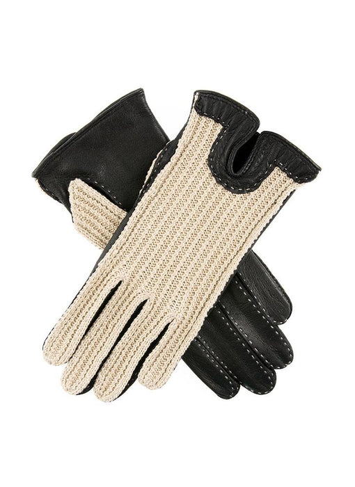 Women's Handsewn Crochet-Back Imitation Peccary Leather Driving Gloves in black
