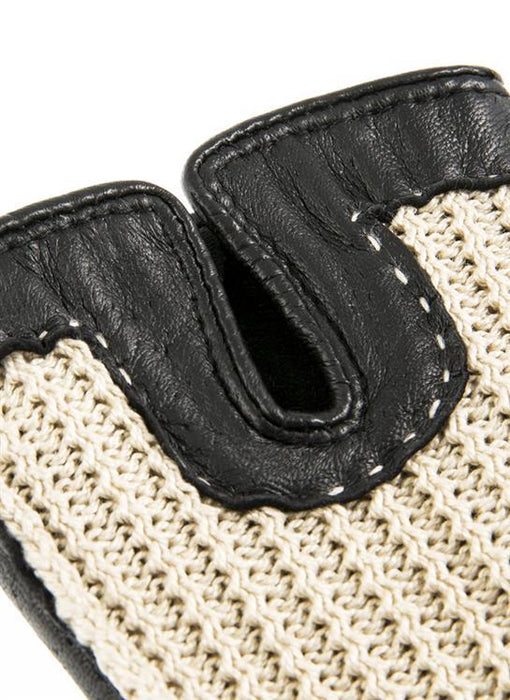 Women's Handsewn Crochet-Back Imitation Peccary Leather Driving Gloves in black closeup cuff
