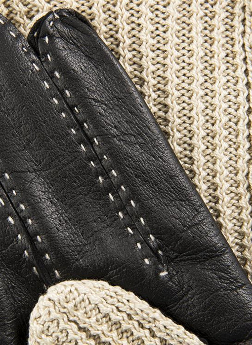 Women's Handsewn Crochet-Back Imitation Peccary Leather Driving Gloves in black closeup