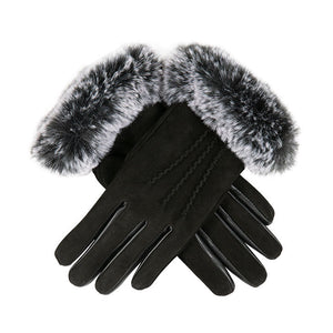 Women's water-resistant, faux fur-lined, three-point Nubuck leather gloves with faux fur cuffs in black