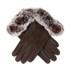 Women's water-resistant, faux fur-lined, three-point Nubuck leather gloves with faux fur cuffs in brown